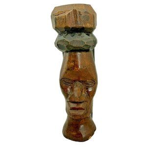 African Wood Carving Face Head and Neck Signed on Top 8.5" Tall 1lb 6oz